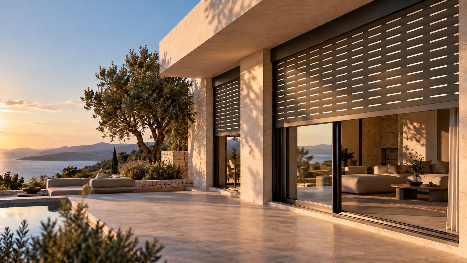 Αρχιτεκτονική απεικόνιση κατοικίας με διάτρητα ρολά αλουμινίου